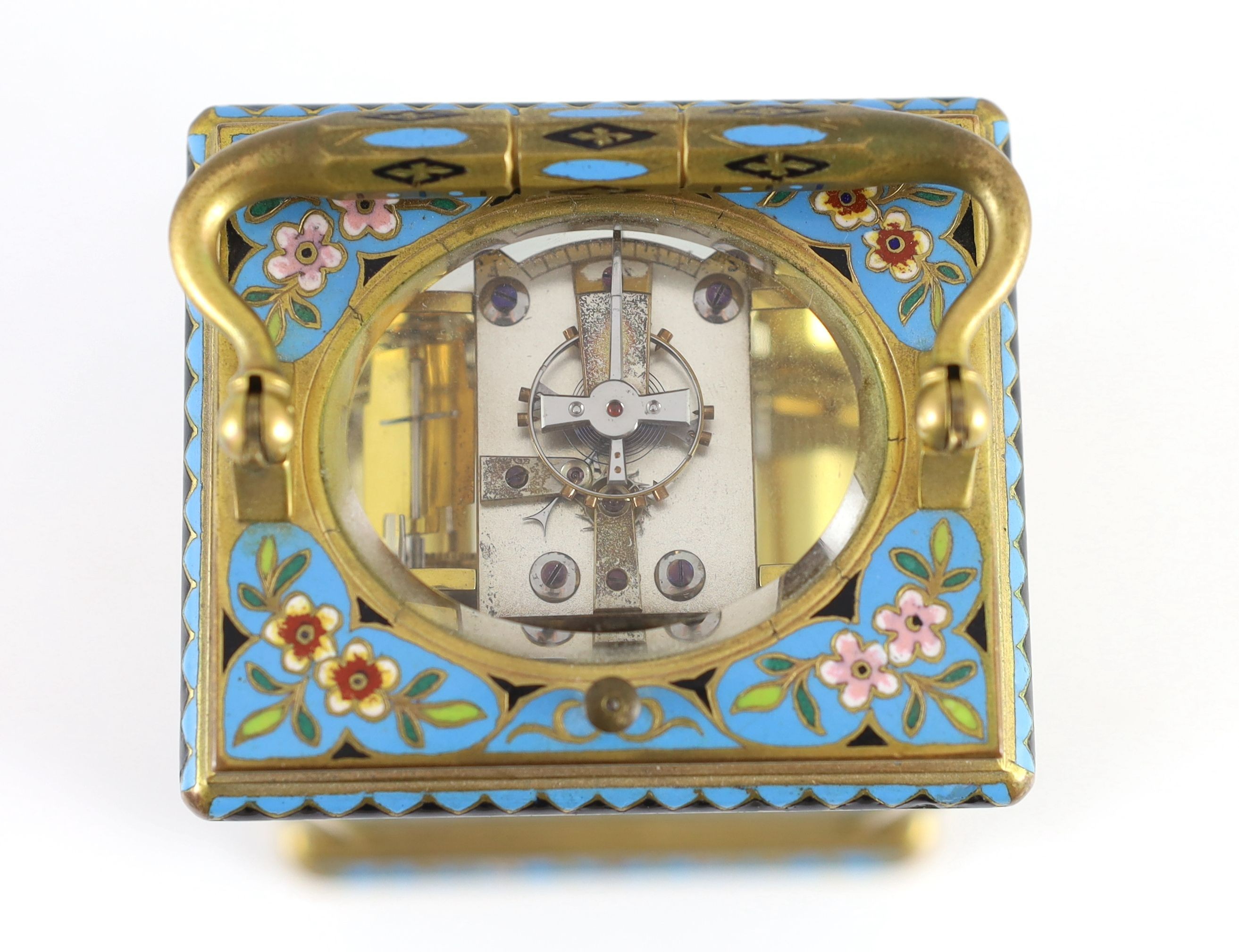 Alfred Drocourt of Paris. A mid 19th century French ormolu and champleve enamel hour repeating carriage clock, width 9.5cm, depth 8cm, height 15cm